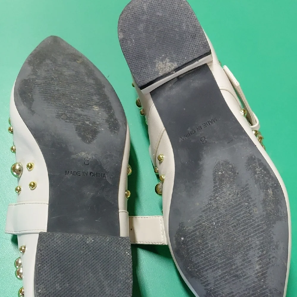 White Mary Jane Flats with Gold Stud Accents - Picture 7 of 7